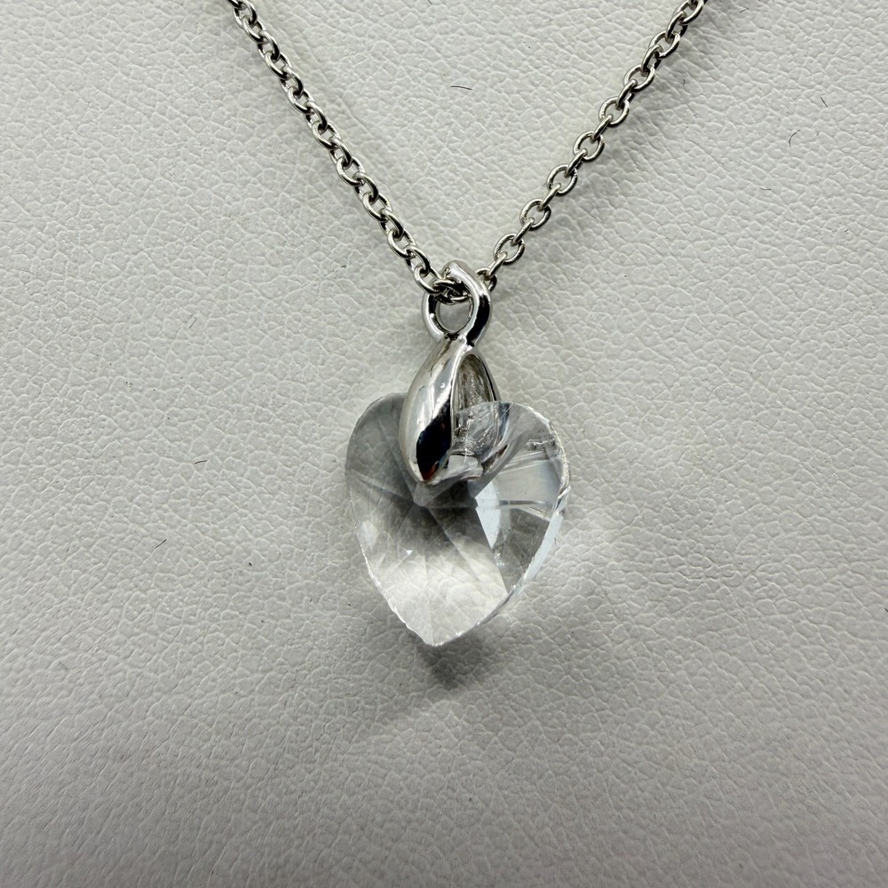 Dainty Clear Crystal Heart Pendant Necklace Romantic Minimalist Silver Tone